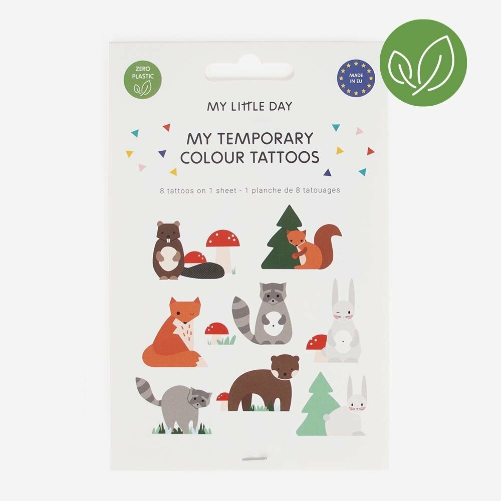 Pack de tatuagens temporárias coloridas com desenhos de animais e cogumelos