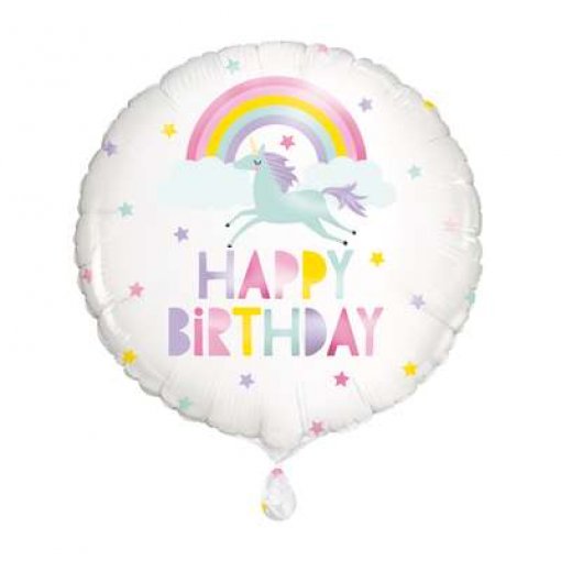 Balão redondo branco com unicórnio, arco-íris, estrelas e texto 'HAPPY BIRTHDAY' colorido.