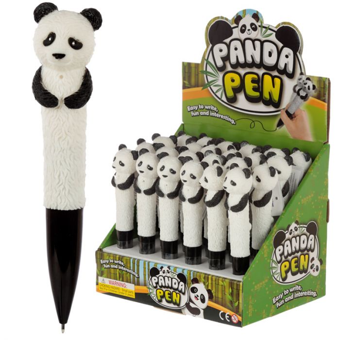 Caneta panda preta e branca em embalagem verde com texto 'PANDA PEN'