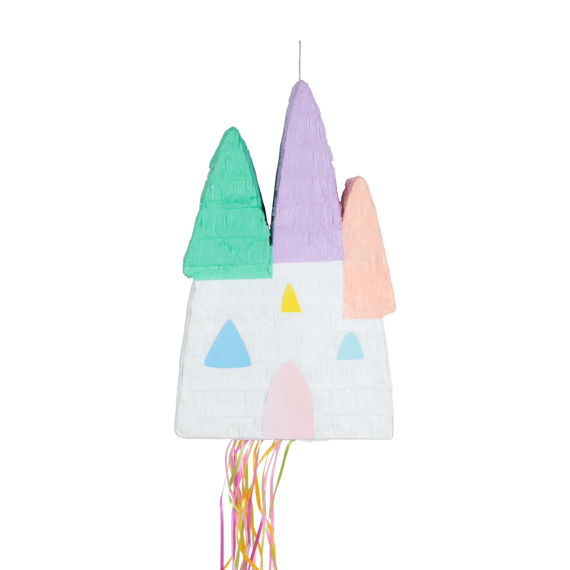 Piñata castelo colorido em papel e cartolina com fitas coloridas