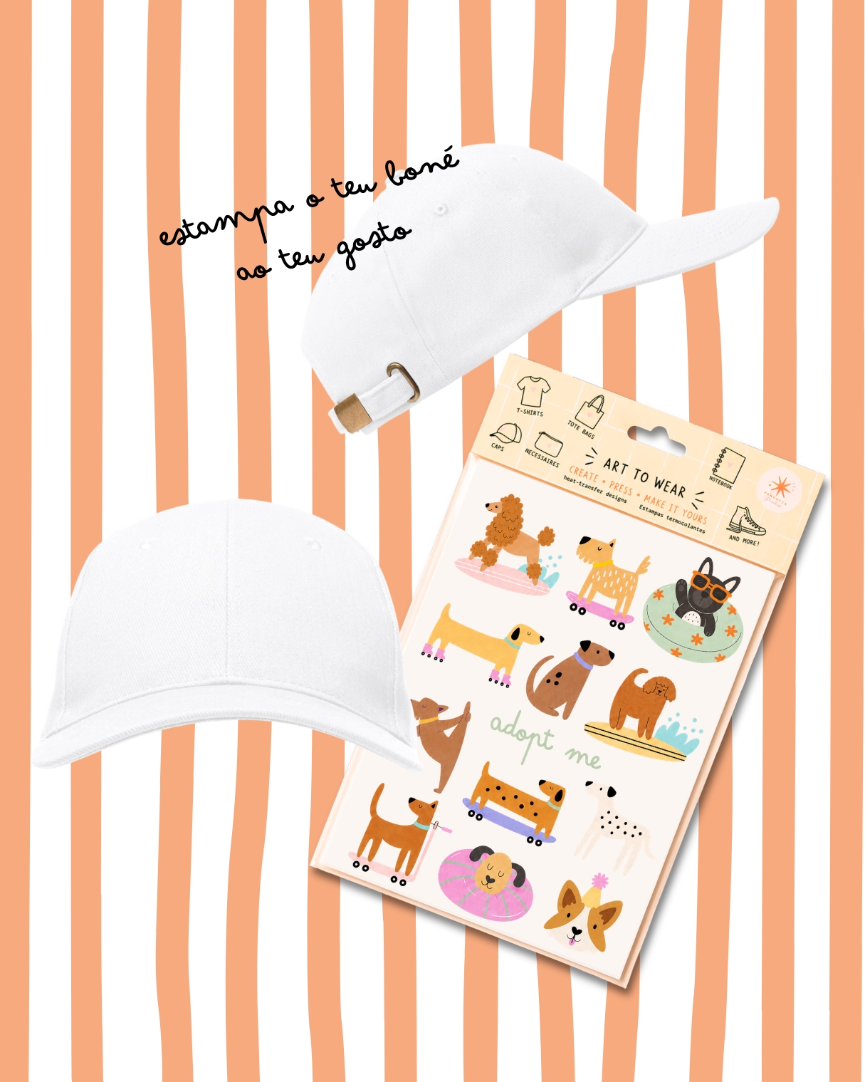 Boné branco com conjunto de transferências térmicas com desenhos de cães