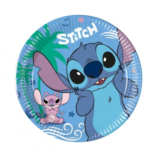 Prato de papel azul com personagens Stitch e Angel da Disney e texto STITCH