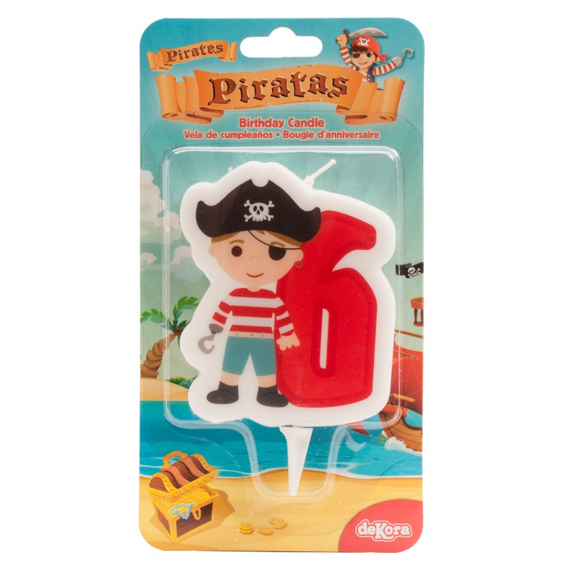 Vela de aniversário pirata e número 6 embalada em cartão colorido temático de piratas
