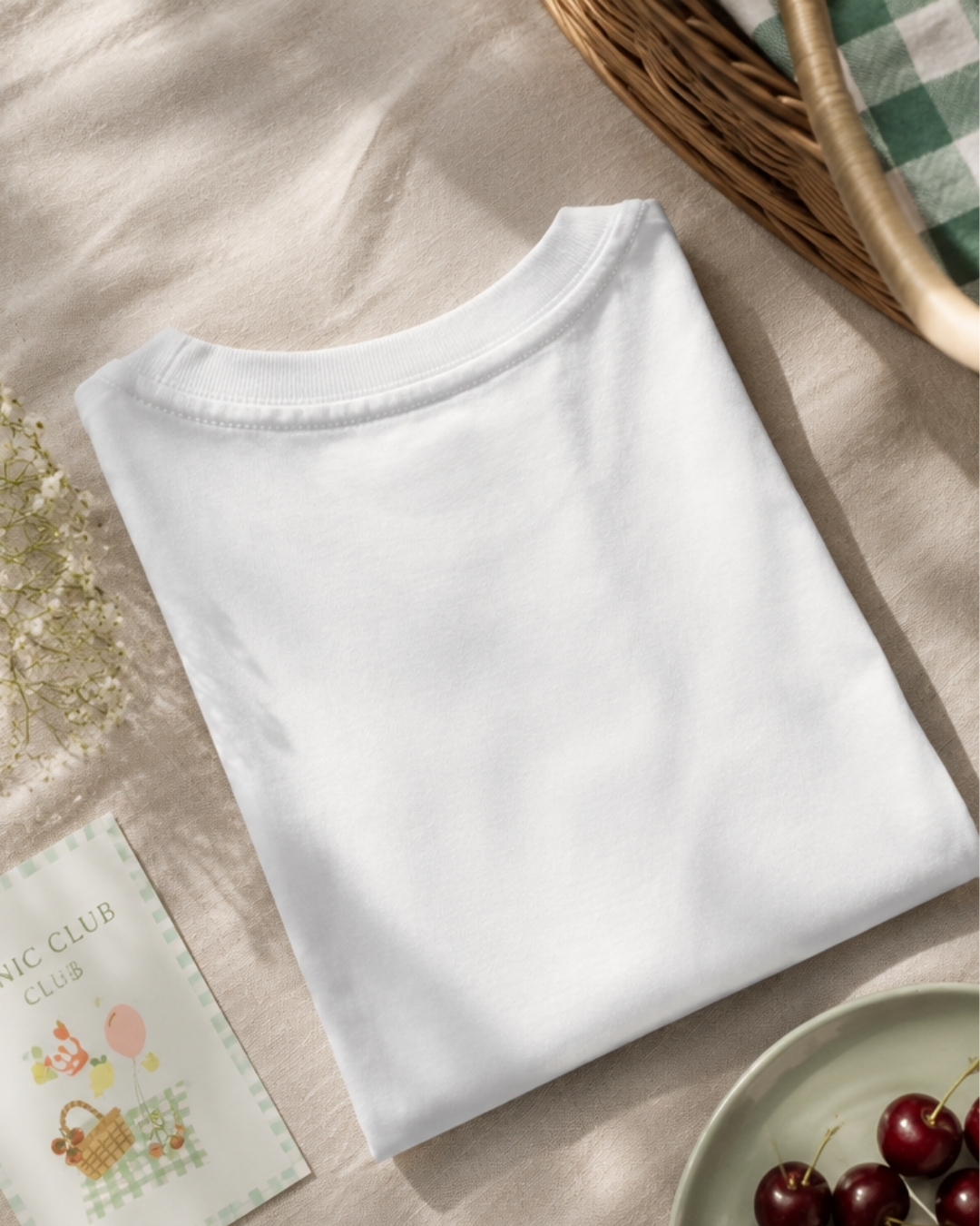 Camisola branca dobrada com itens de picnic ao redor.