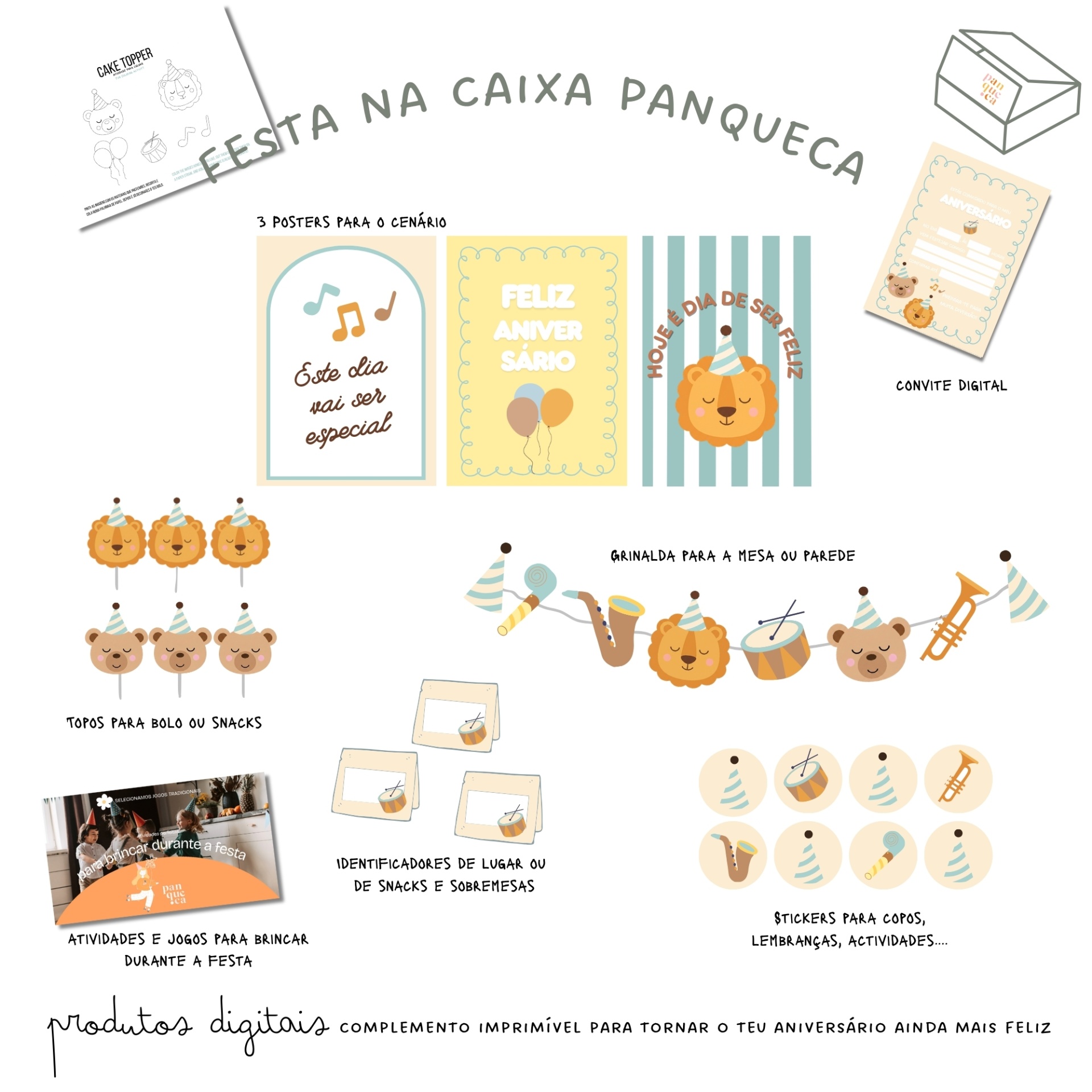 Elementos digitais para festa de aniversário com desenhos de leões, ursos, instrumentos musicais e texto em português.