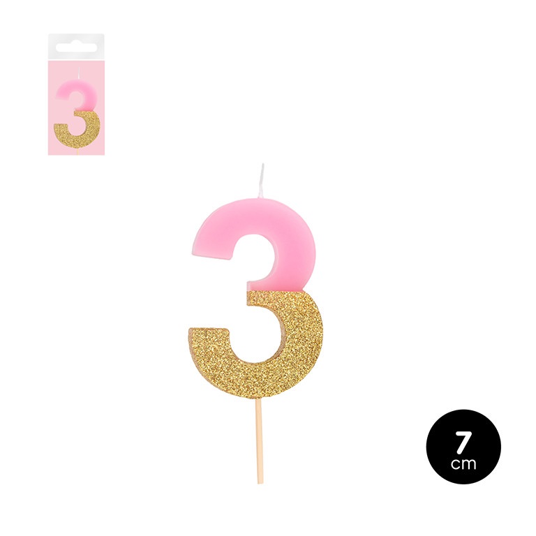 Vela de aniversário número 3 rosa e dourado com palito de madeira