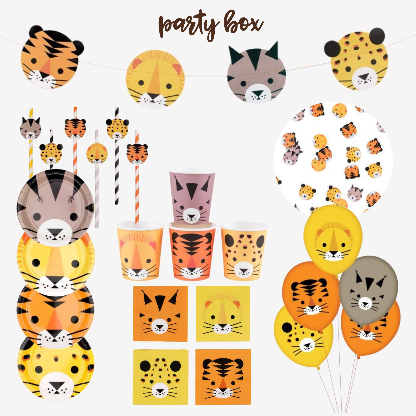Conjunto Party Box com decoração de animais selvagens coloridos