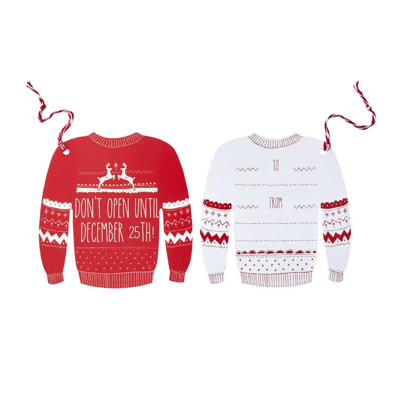 Dois pendurais em forma de camisolas de Natal, um vermelho com texto e um branco com espaços para escrever.