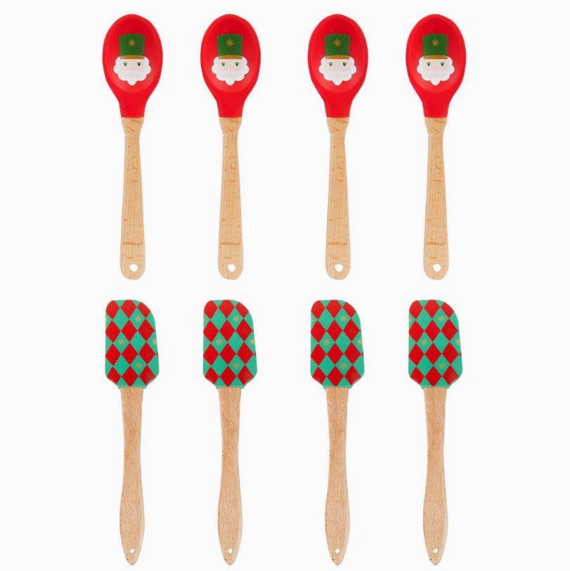 Utensílios de cozinha com cabo de madeira, colheres vermelhas com rosto e espátulas com padrão de losangos vermelho e verde