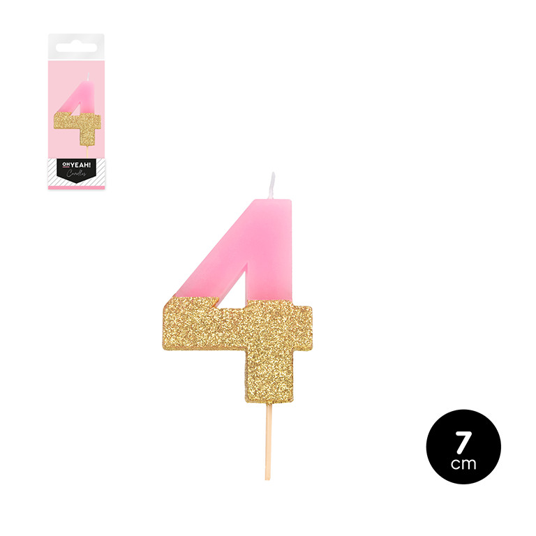 Vela de aniversário número 4 cor rosa com glitter dourado, 7 cm, embalada em blister