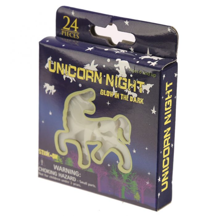 Caixa azul escuro com estrelas, texto amarelo e unicórnio que brilha no escuro