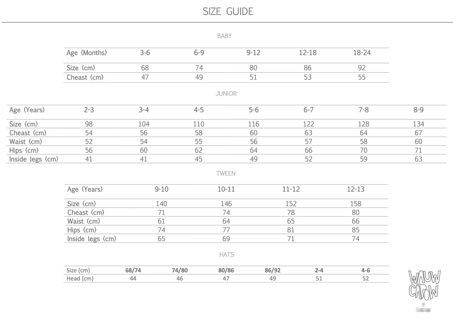 Tabela de tamanhos com medidas para várias idades e acessórios