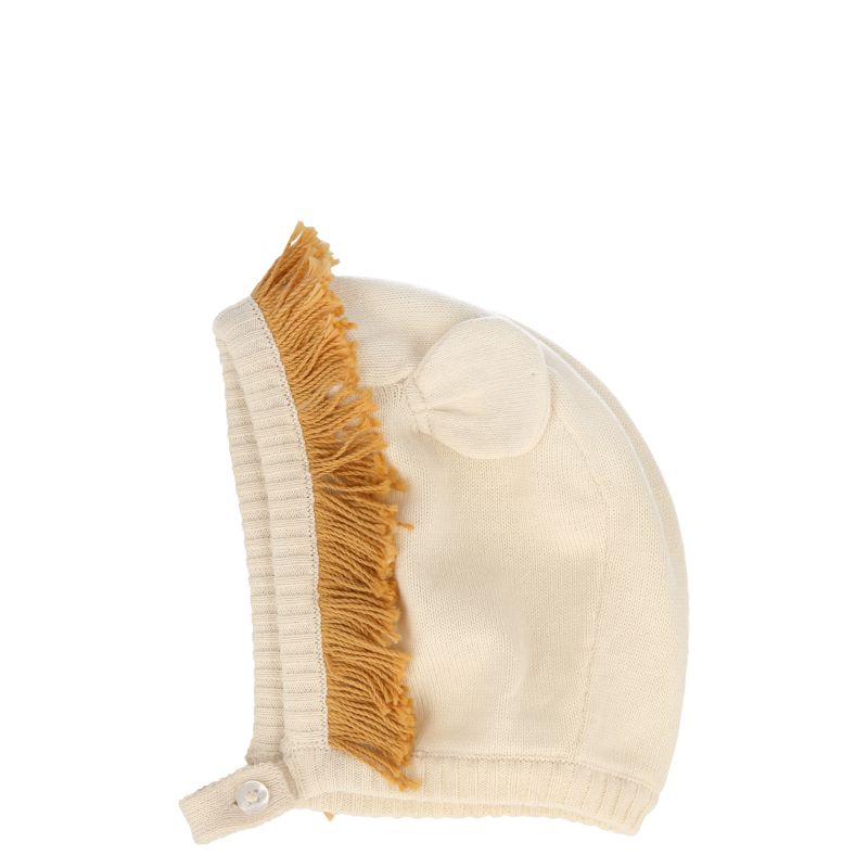 Capuz infantil de malha creme com franjas castanhas e orelhas decorativas