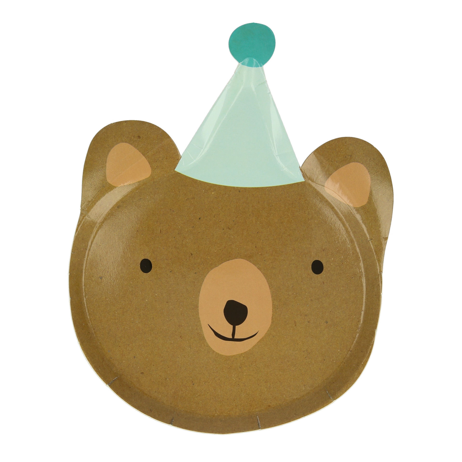 Prato de papel em forma de cabeça de urso com chapéu de festa