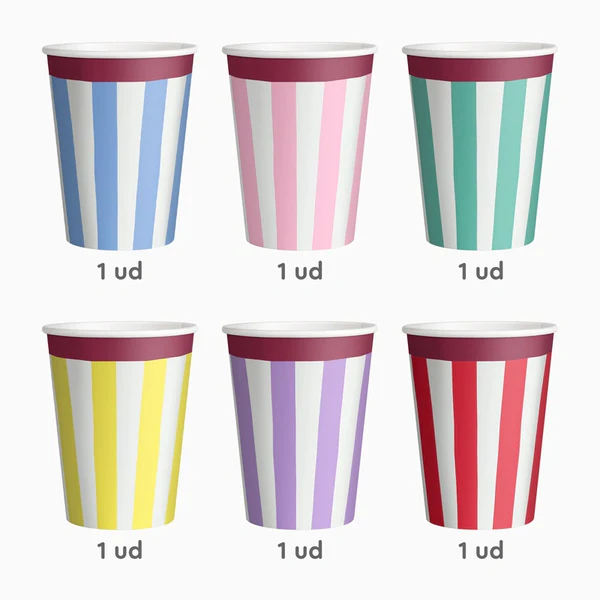 Seis copos de papel com riscas verticais coloridas e borda superior vinho.