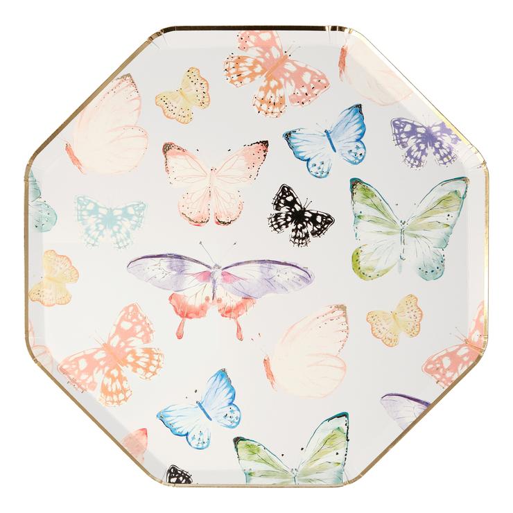 Prato octogonal branco com estampas de borboletas coloridas e bordo dourado