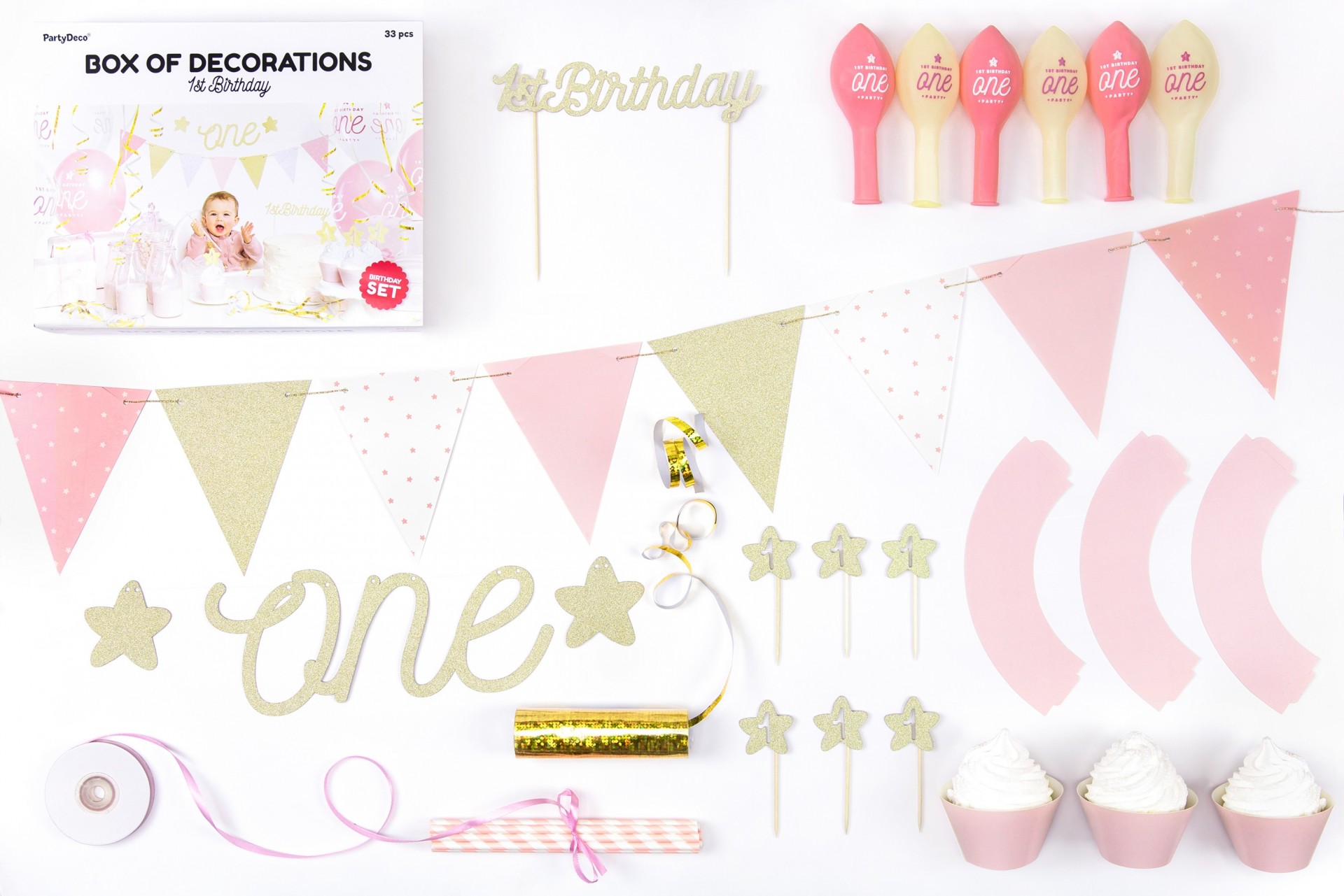 Kit de decoração para festa de aniversário com tema 'one' em cores rosa e dourado.