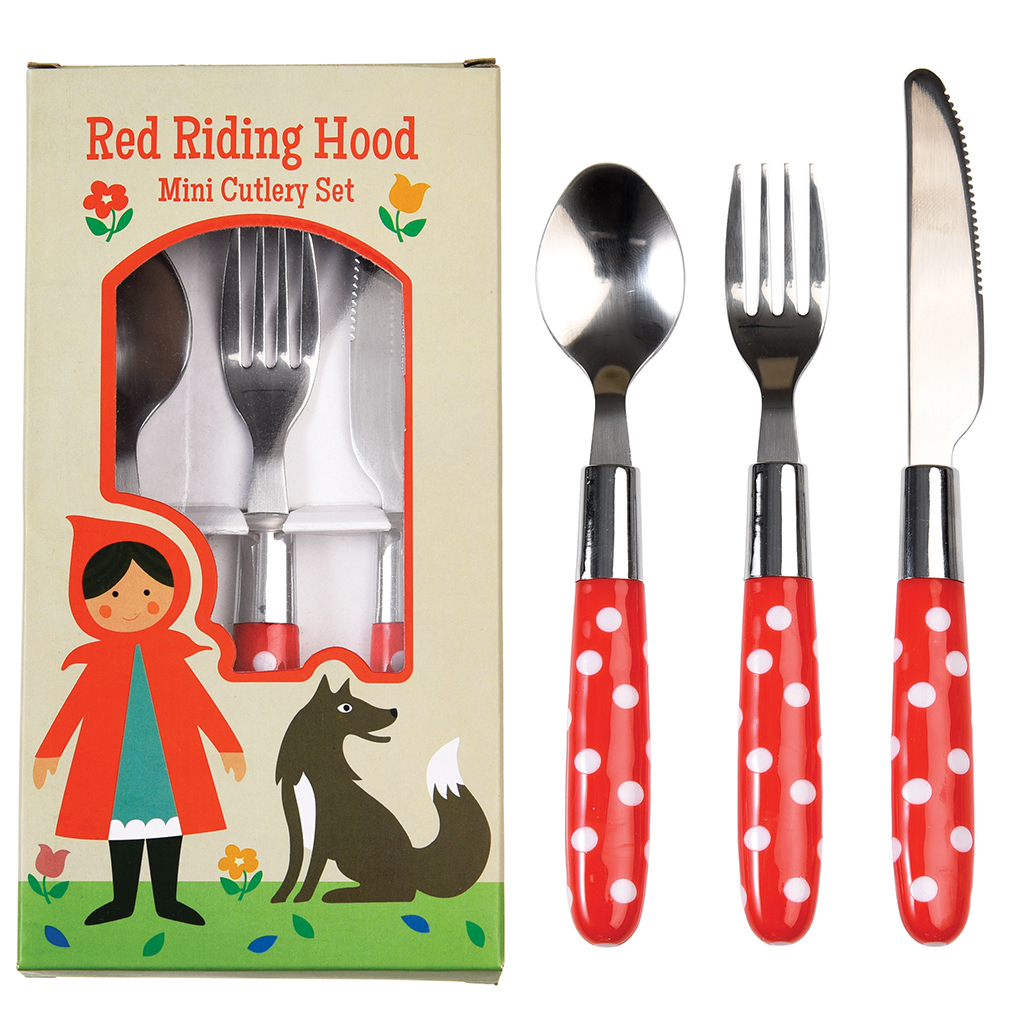 Conjunto mini talheres Red Riding Hood com cabo vermelho e bolinhas brancas ao lado da embalagem ilustrada