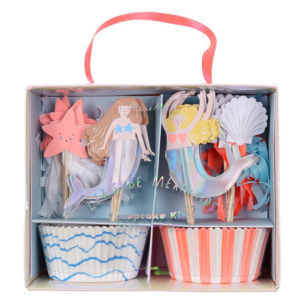 Conjunto de decoração para cupcakes com figuras de sereias e copos de papel