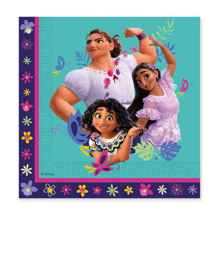 Guardanapo de papel Disney Encanto com personagens femininas e padrão floral.