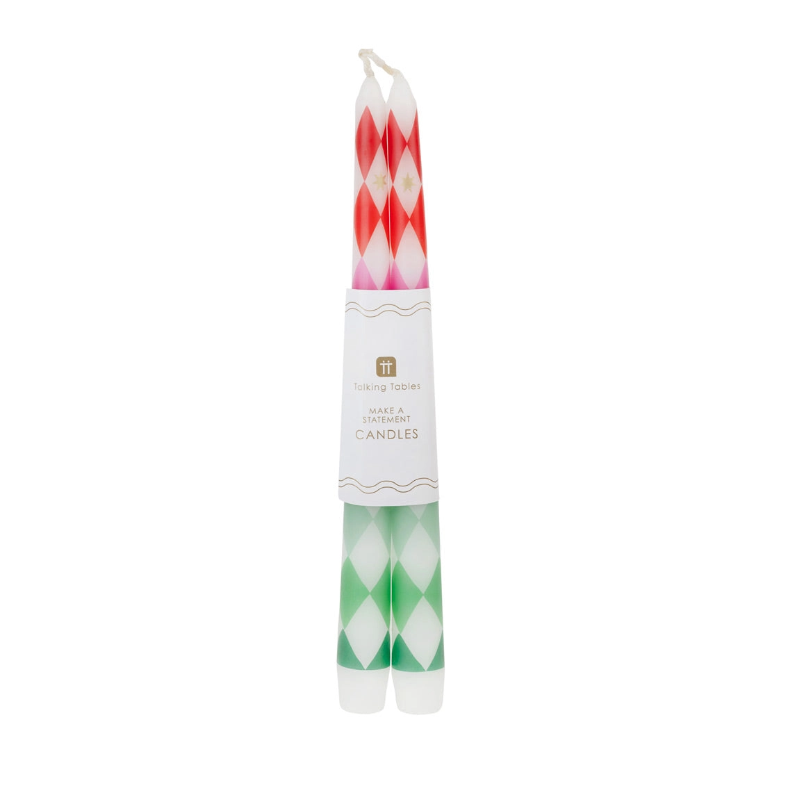 Conjunto de velas finas com padrão de losangos em vermelho, rosa e verde