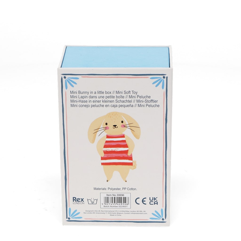 Caixa de brinquedo com desenho de coelho e texto descritivo