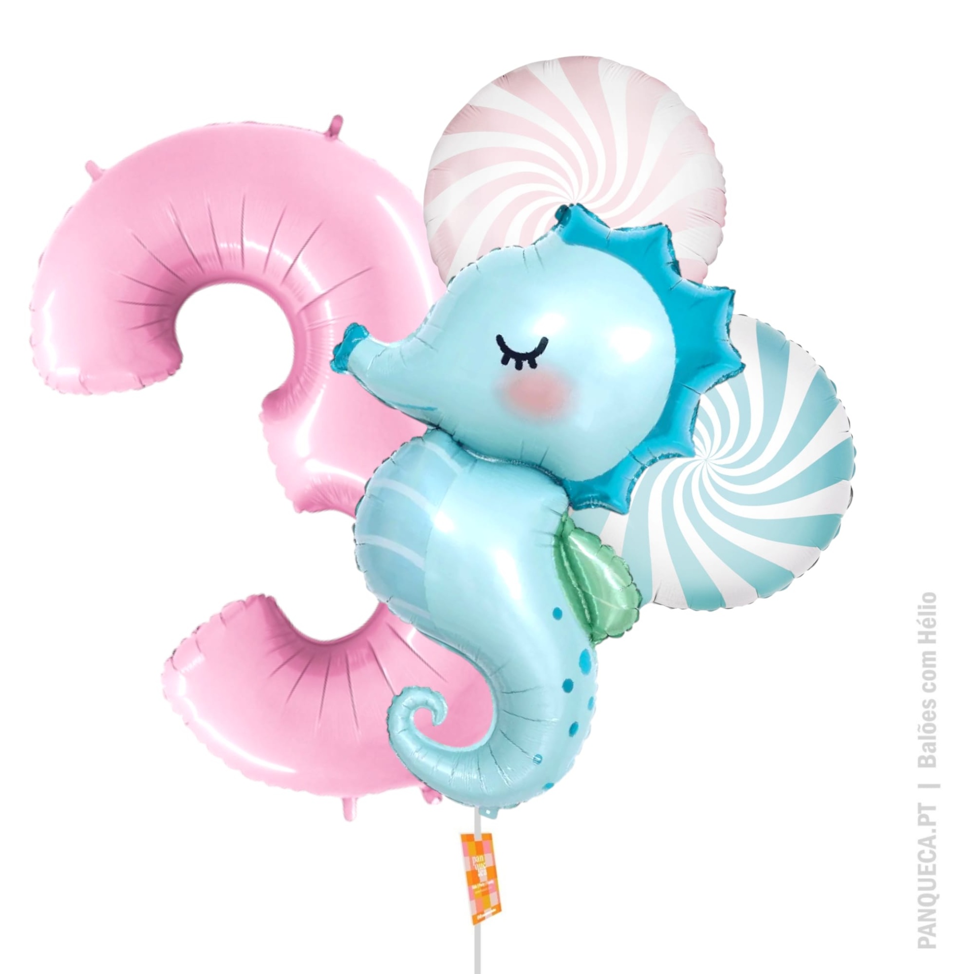 Conjunto de balões de festa com número 3 rosa, cavalo-marinho azul e balões espirais azul e rosa