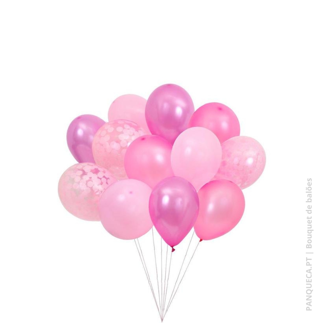 Conjunto de 15 balões cor-de-rosa de várias tonalidades e texturas amarrados em fitas.
