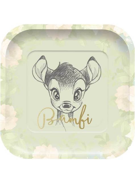 Prato quadrado de papel com desenho de cervo e texto Bambi