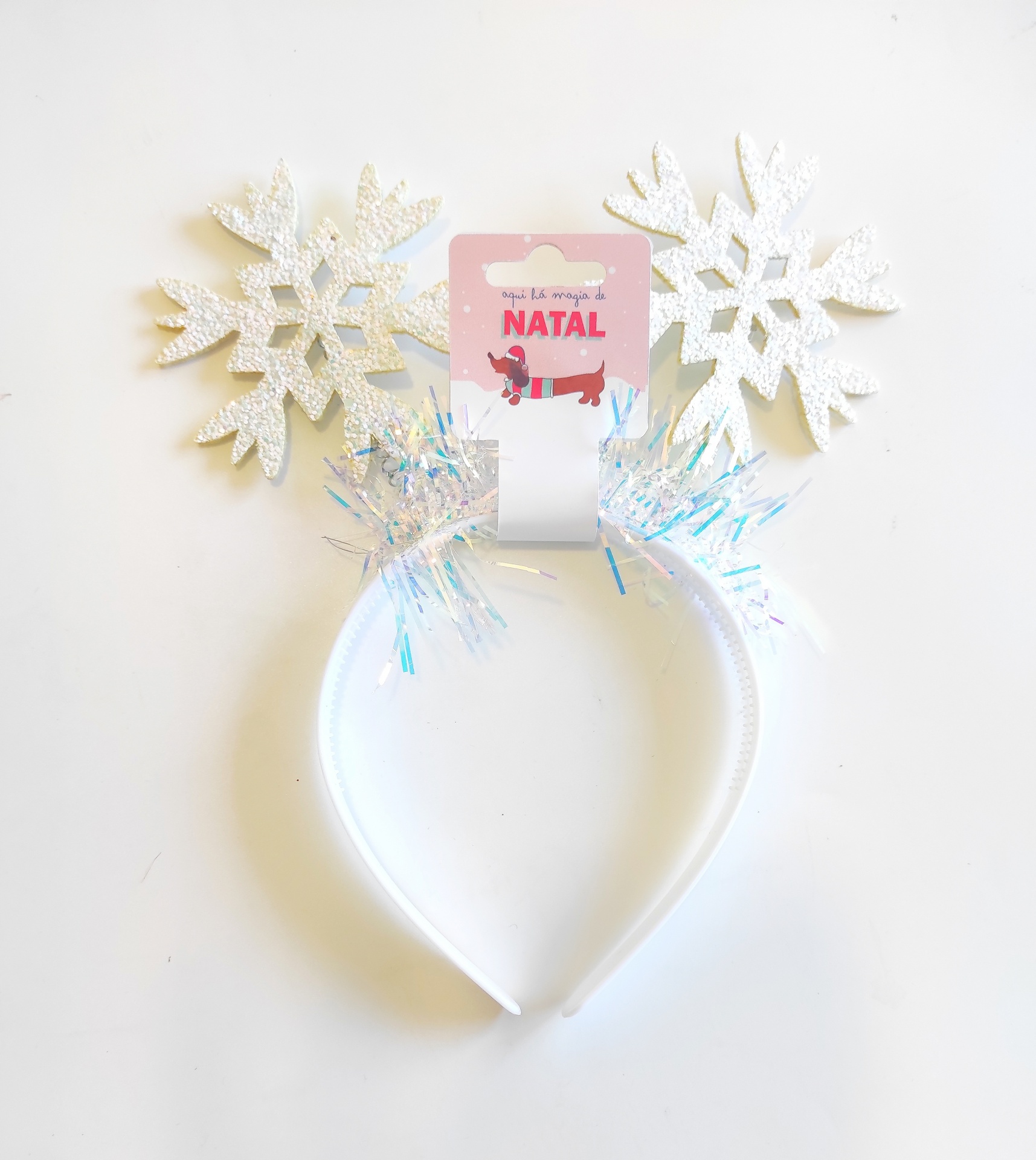 Aro de cabelo branco com flocos de neve e enfeites prateados para Natal