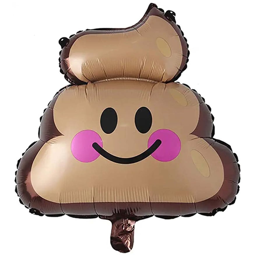 Balão metálico formato emoji cocô sorridente castanho com bochechas rosas