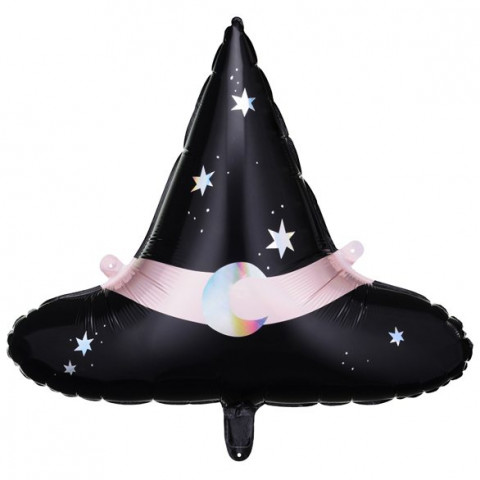 Balão metálico em forma de chapéu de bruxa preto com estrelas e faixa rosa