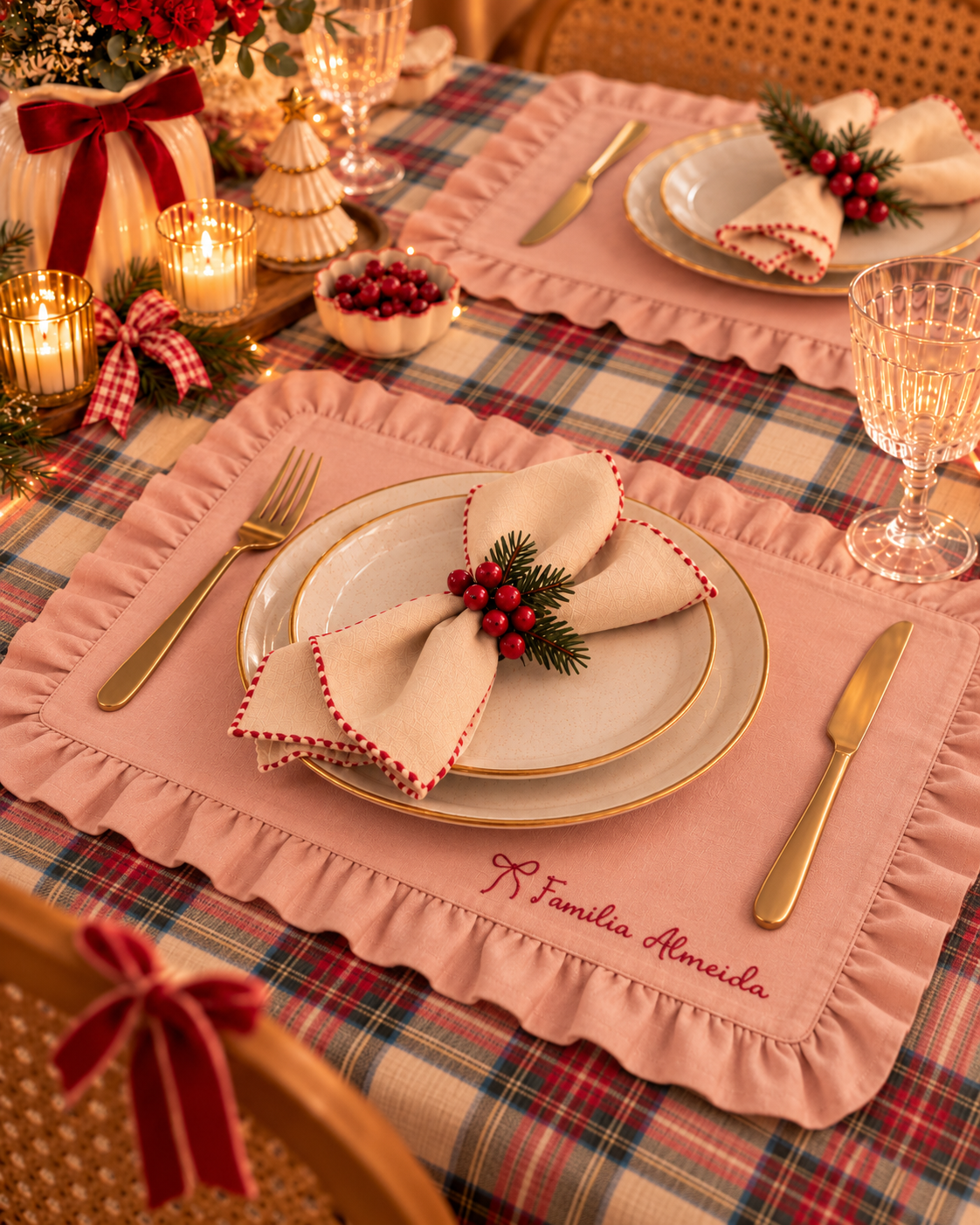 Mesa posta com toalha xadrez, individuais rosas com babados, pratos brancos, talheres dourados, guardanapos decorados e velas acesas.