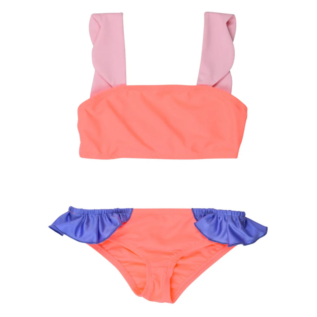 Fato de banho infantil duas peças cor coral com babados rosa e azuis