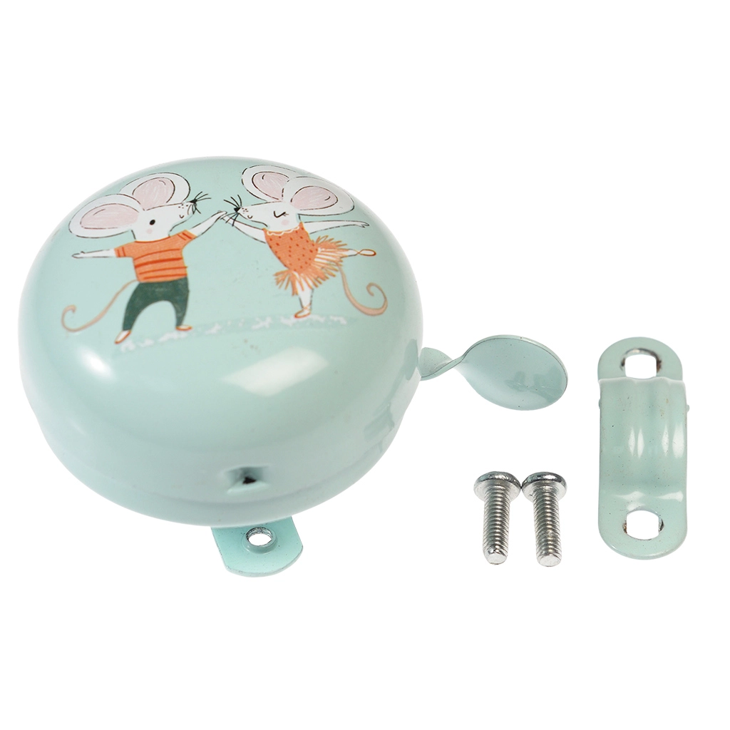 Campainha de bicicleta azul claro com desenho de ratinhos dançando e acessórios para fixação