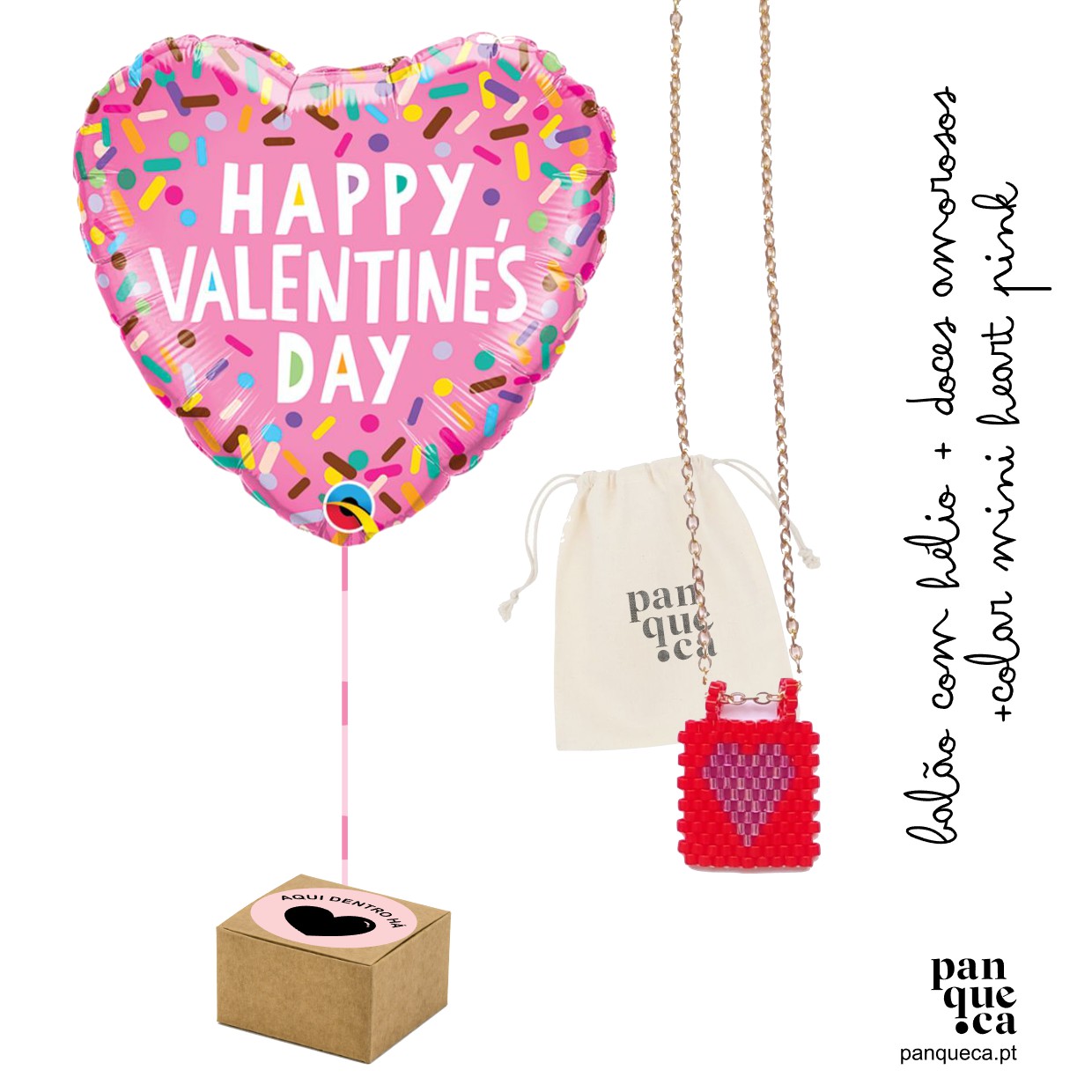 Balão cor de rosa em forma de coração com texto 