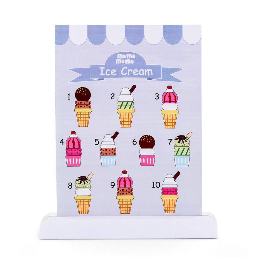 Desenhos coloridos de 10 gelados com cones e texto 'mama mama Ice Cream' em fundo azul claro