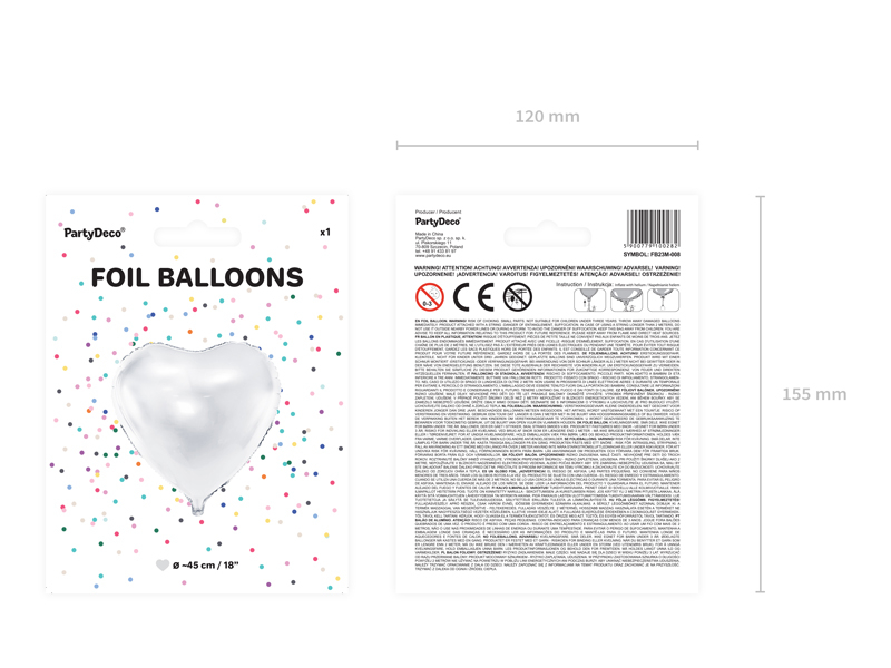 embalagem dupla para balões de folha metalizada em forma de coração branco com texto FOIL BALLOONS