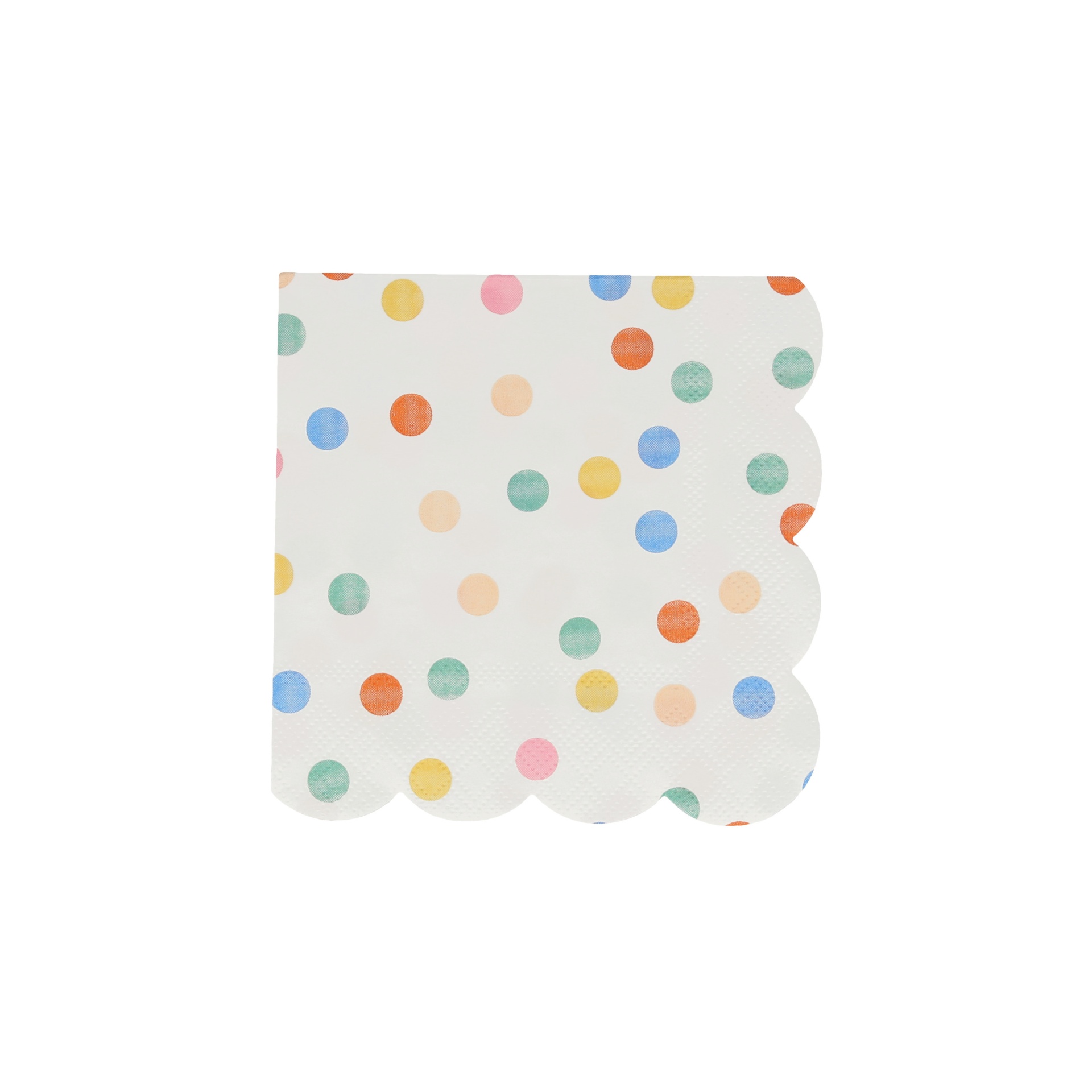 Guardanapo de papel branco com bolinhas coloridas e bordas onduladas