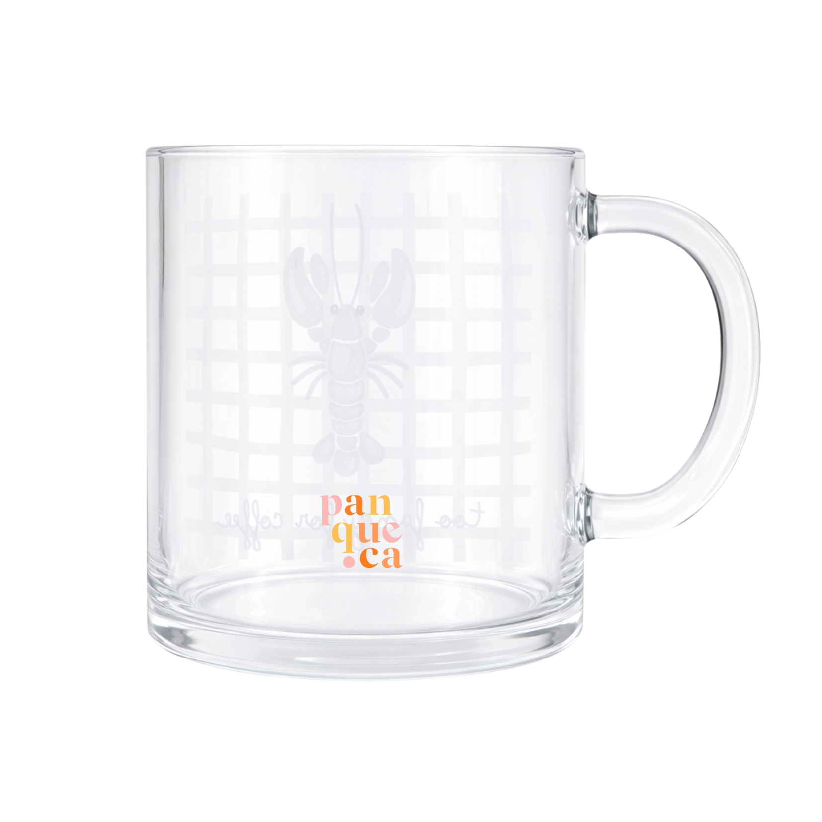 Caneca de vidro transparente com desenho de lagosta e texto colorido