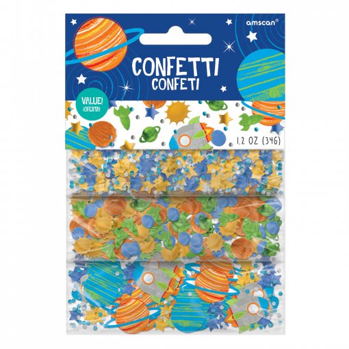 Pacote de confetti colorido com tema de espaço e planetas