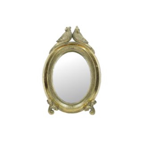 Espelho oval dourado com pássaros decorativos no topo