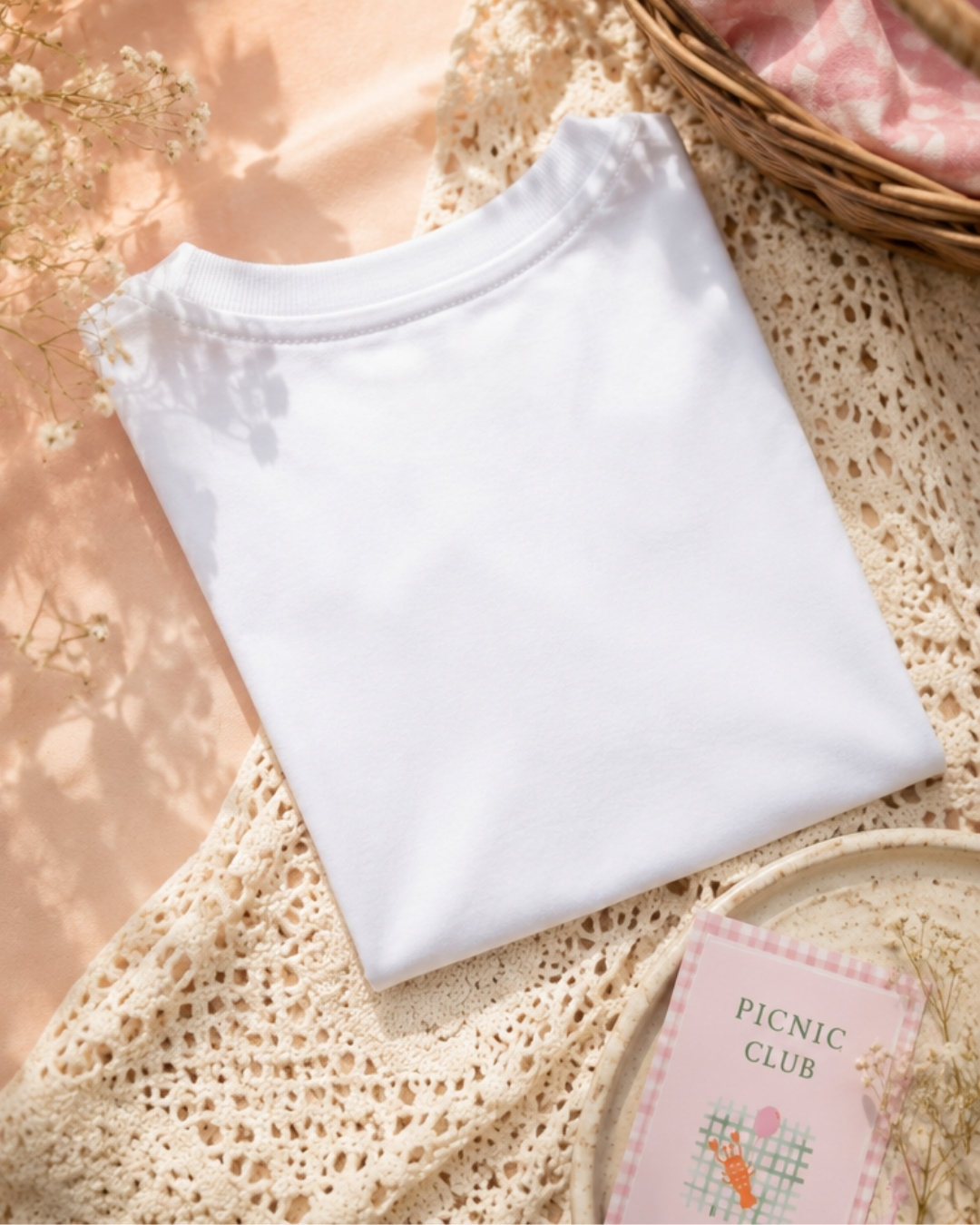 T-shirt branca dobrada sobre tecido crochet com cartão PICNIC CLUB num prato.