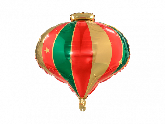 Balão metálico em forma de lanterna chinesa com cores vermelho, verde e dourado