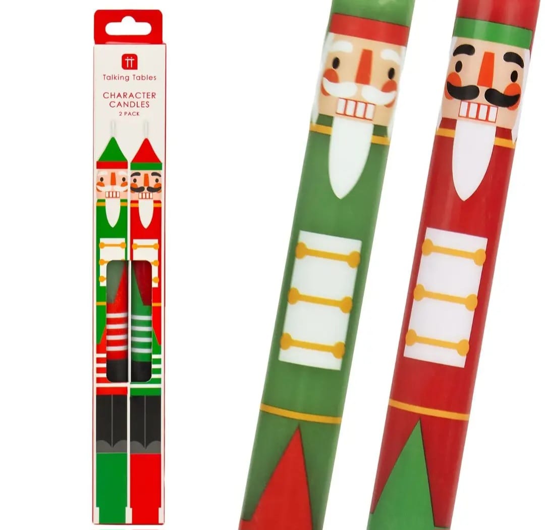 Velas decorativas em formato de soldados do exército vermelho e verde em embalagem branca e vermelha