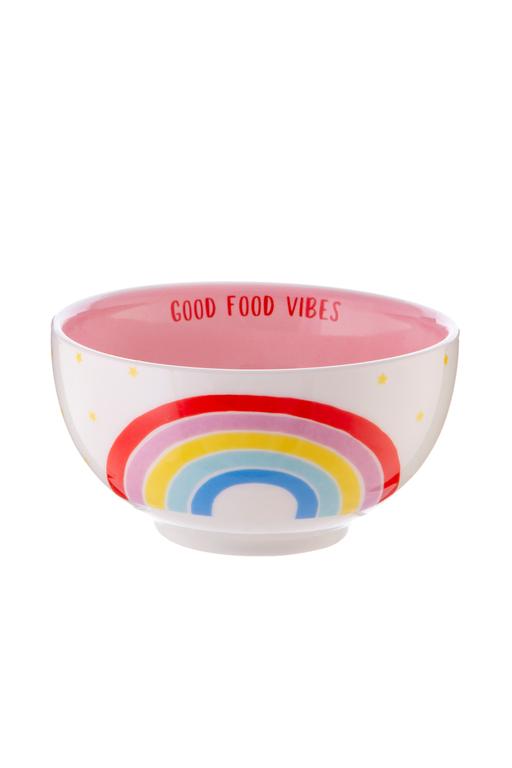 Tigela branca com arco-íris e texto interior