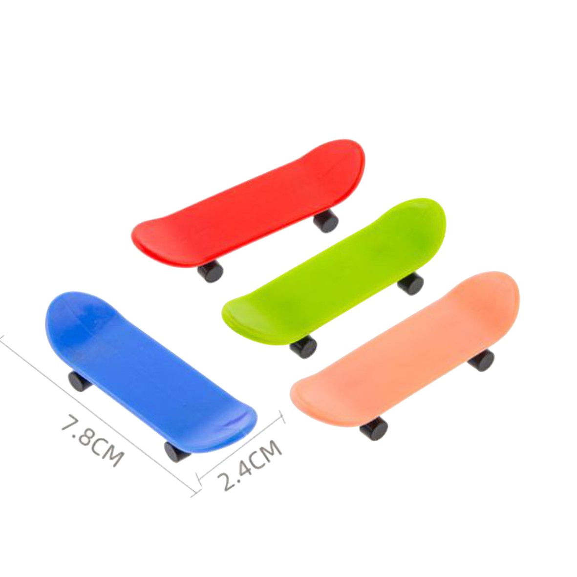 Quatro skates de dedo coloridos em vermelho, verde, azul e laranja com dimensões visíveis