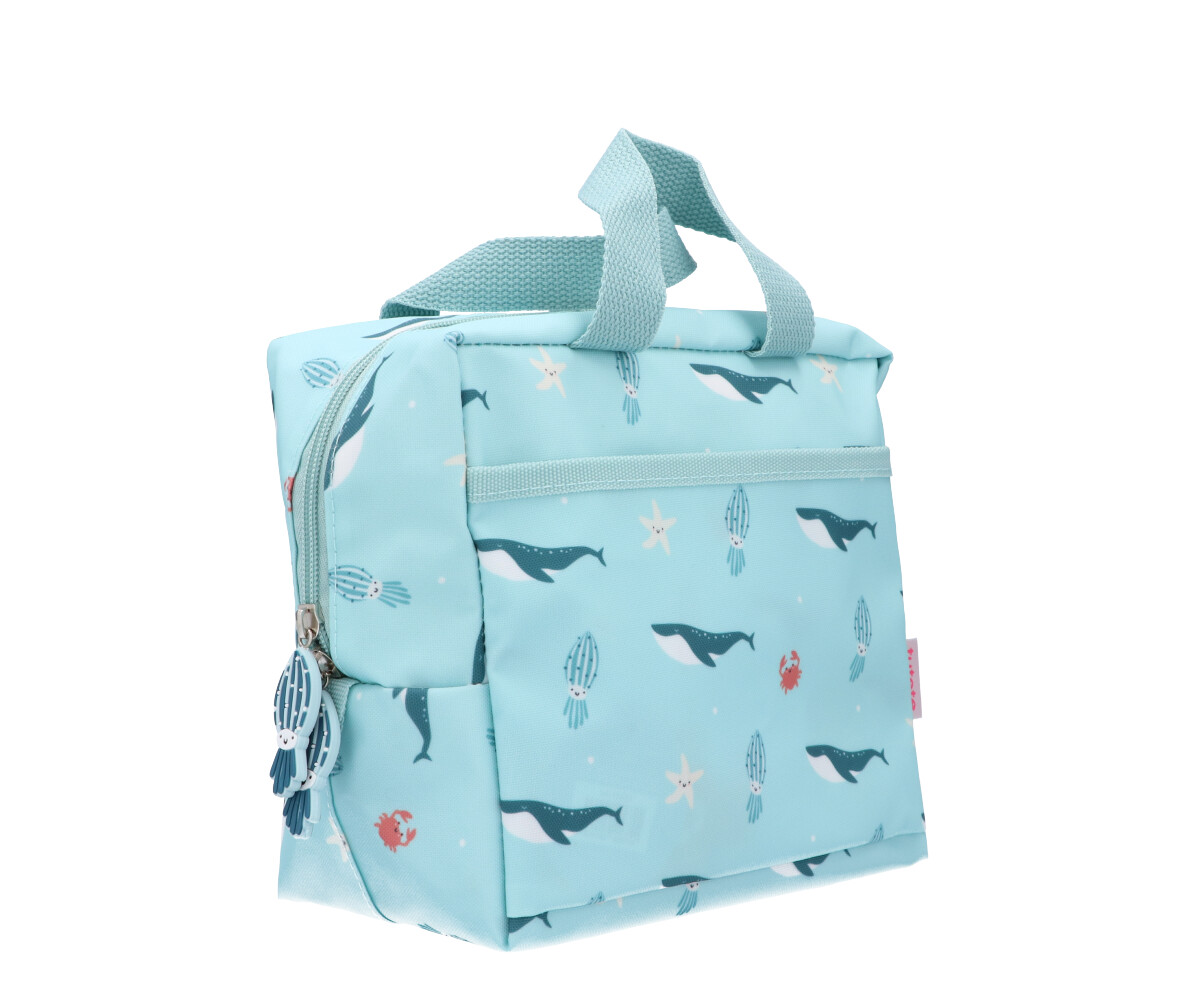 Saco térmico azul claro com padrão marinho e alças de mão