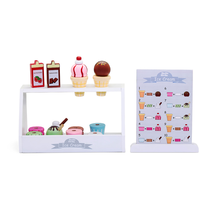 Expositor de gelados em madeira com peças coloridas e quadro de combinações
