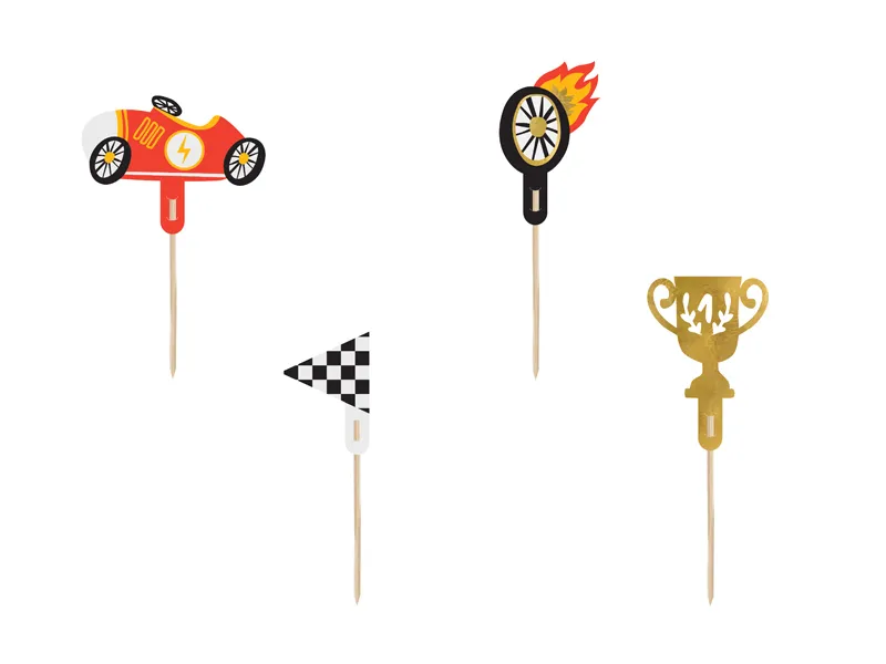 Toppers para bolos com tema de corridas: carro vermelho, roda em chamas, bandeira quadriculada, troféu dourado